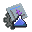 Pixel art of a gear, a grey box with a purple letter "t", and a blue mountain layered on top of each other